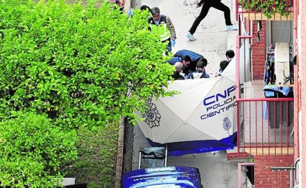 Investigadores de la Policía Nacional realizan pesquisas junto al cadáver de la mujer, ayer, en el jardín comunitario del inmueble./ VICENTE VICÉNS / AGM